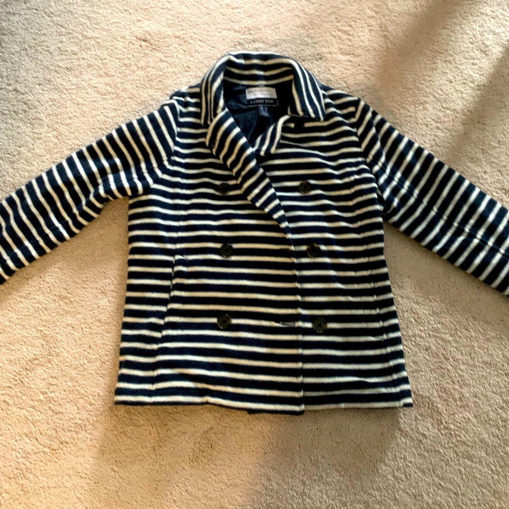 Lands End Navy and white lightweight pea coat